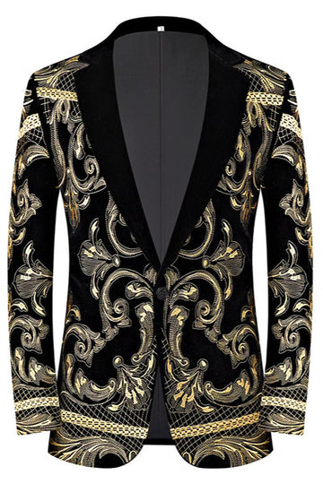 Mäns gyllene jacquard 2-delad skårad kavajslag baldräkter